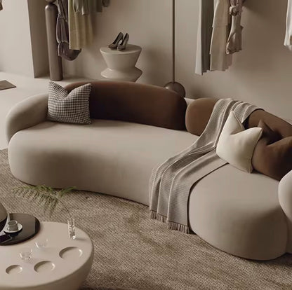 Beige & Brown Modern Curved Sofa, Neutral Velvet Upholstered Couch