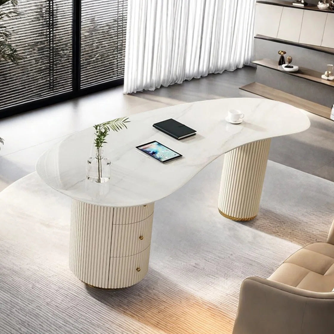 Italian Rock Slab Desk with Drawers and USB Ports, White