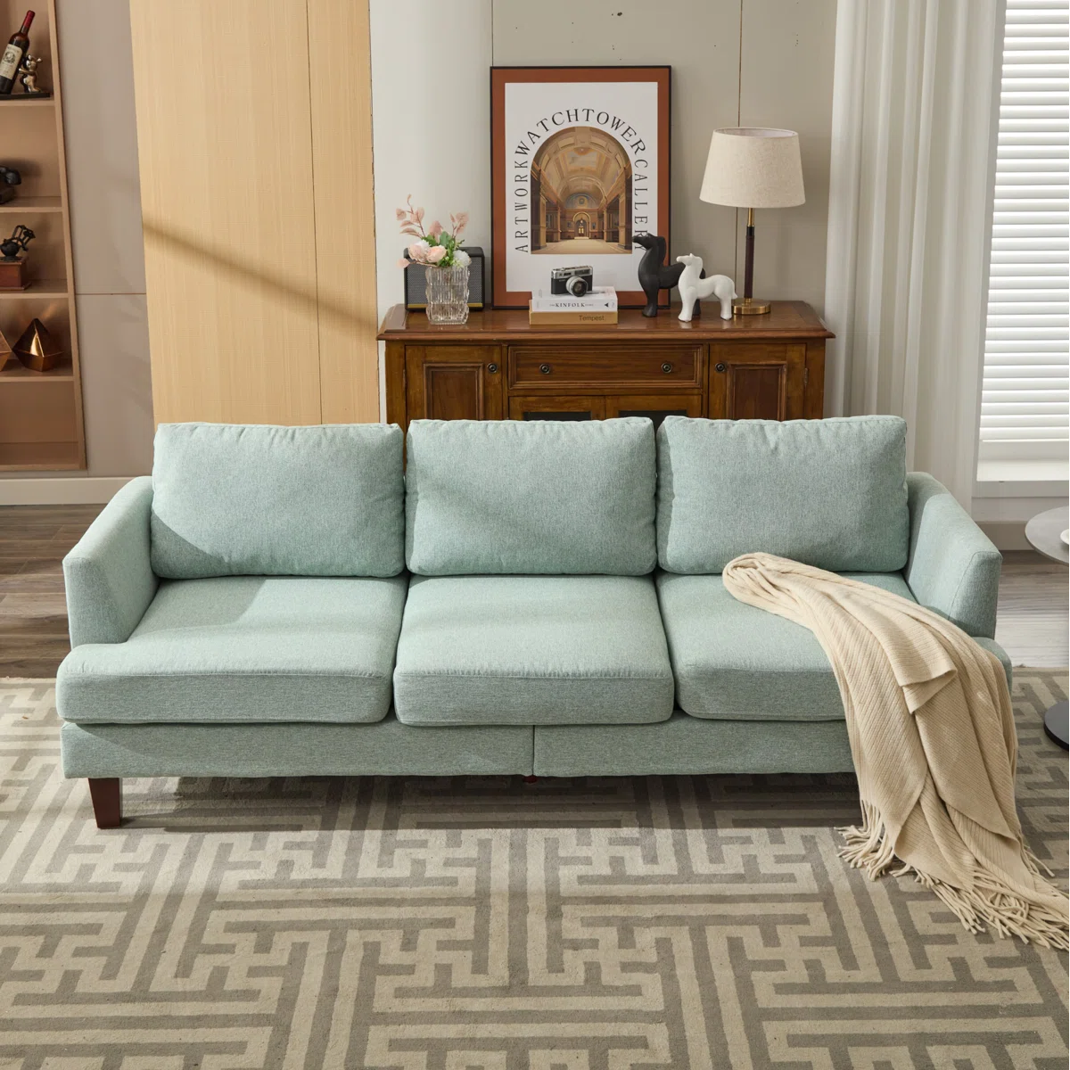Light Green Fabric Sofa - 3 Seater Sofa with USB Charging Ports