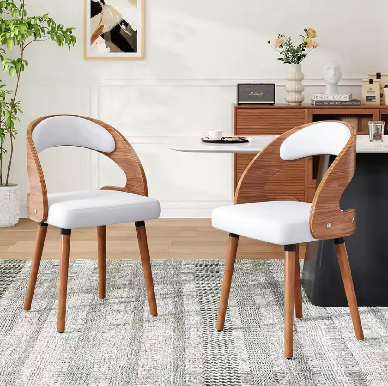 Modern Wood Upholstered Dining Chairs with Curved Backrest