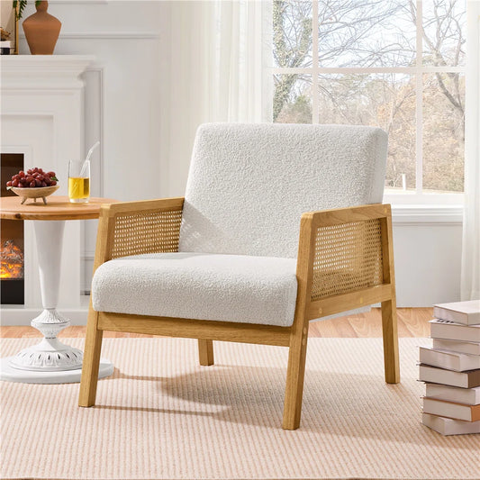 Ivory Boucle Accent Chair, Modern Rattan Chair for Living Room