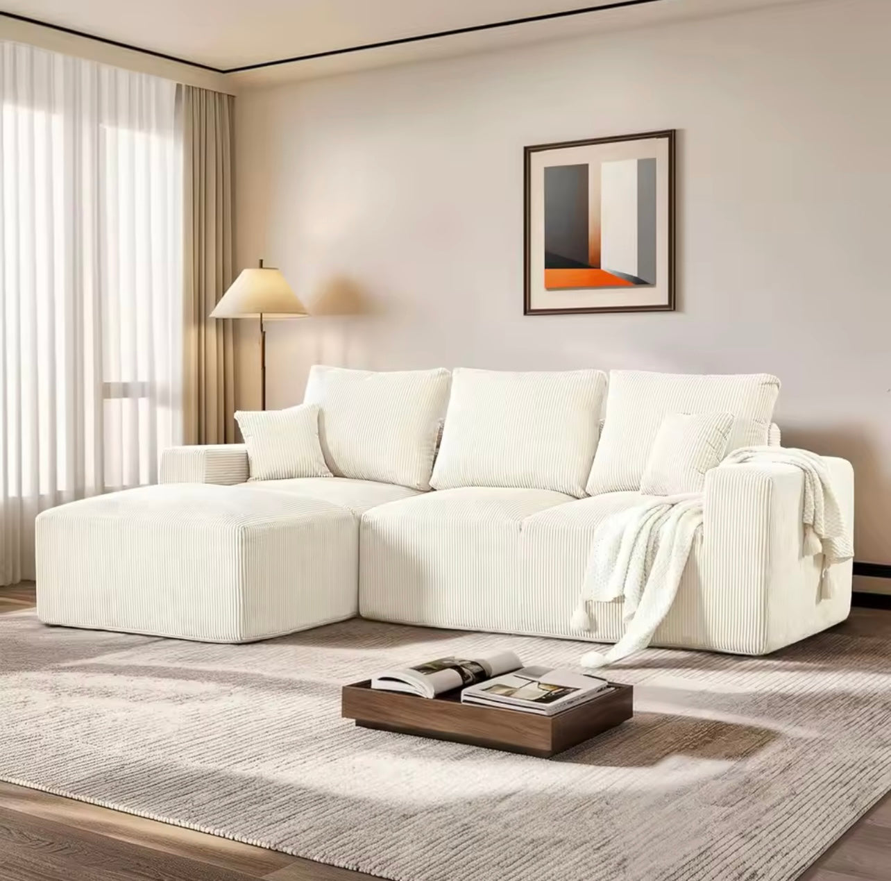 Oat 108” Upholstered Corduroy Deep Seat L-Shape Sofa with Chaise