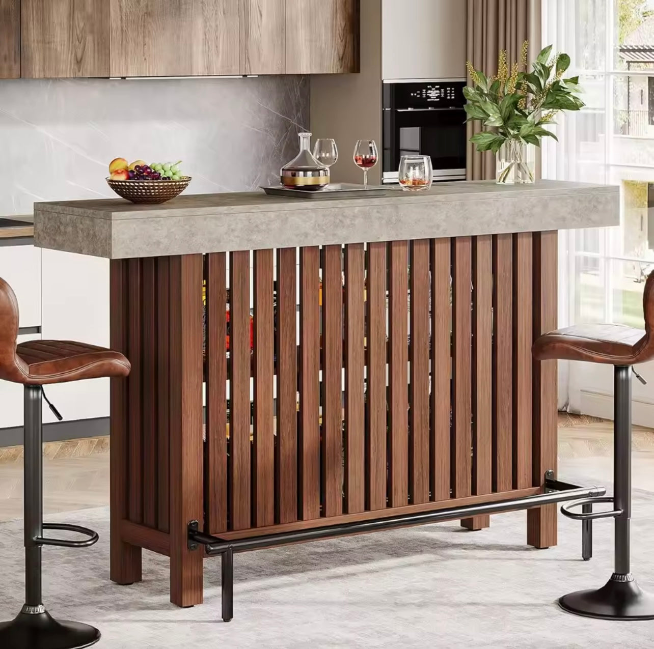 63” Modern Large Home Bar Unit with 2 Storage Shelves and Footrest