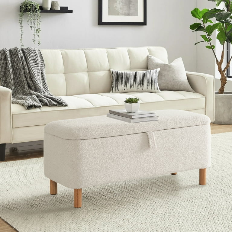 White Upholstered Entryway Storage Ottoman Bench
