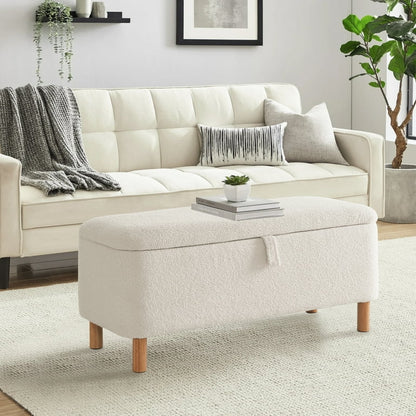 White Upholstered Entryway Storage Ottoman Bench