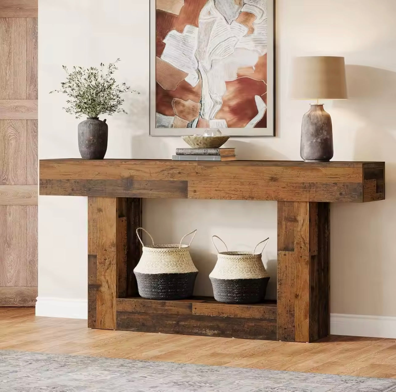 63” Farmhouse Console Table with U-Shaped Base and Lower Shelf
