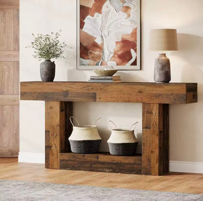 63” Farmhouse Console Table with U-Shaped Base and Lower Shelf