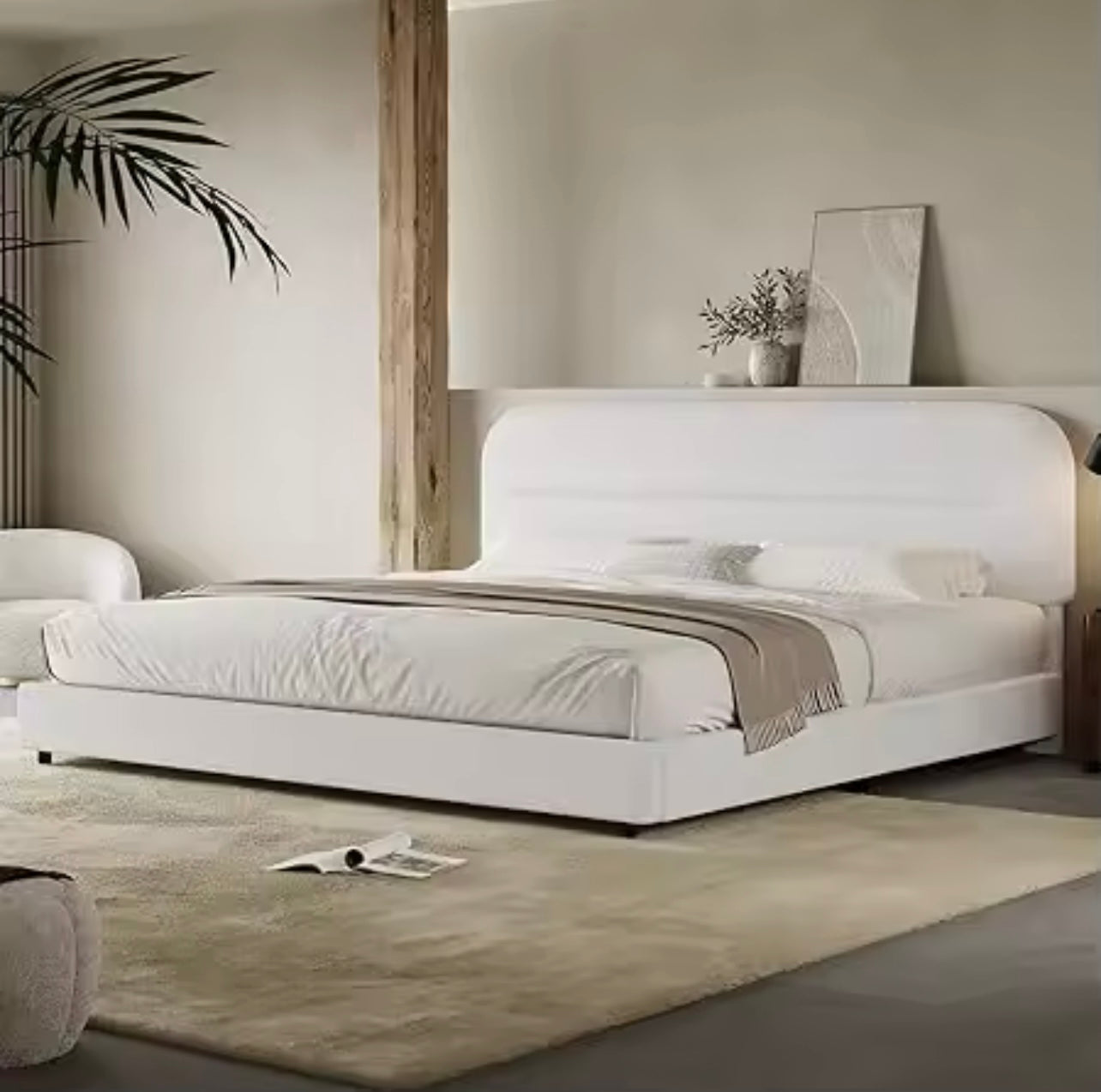 Upholstered Boucle Modern Platform Bed with Rounded Corners