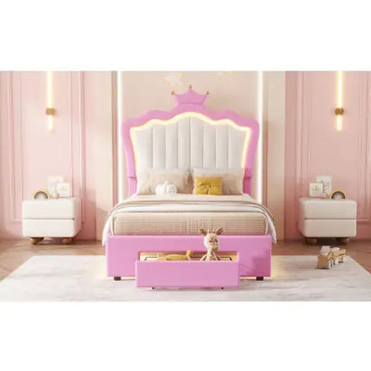 Pink Bed for Girls Bedroom with LED Headboard - Twin Bed Frame