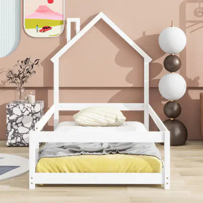 Twin Bed Frame - White Floor Bed for Toddlers - Kids House Bed