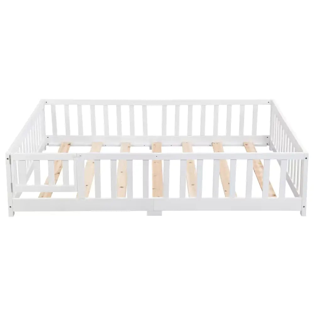 White Montessori Bed, Kids Floor Bed with Fence and Door