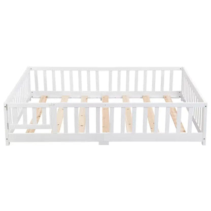 White Montessori Bed, Kids Floor Bed with Fence and Door