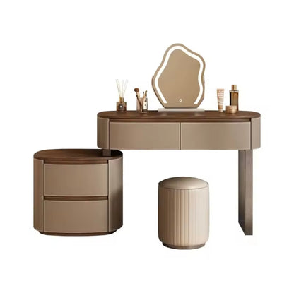 Saddle Leather Vanity Table with LED Mirror & Adjustable Storage, Walnut