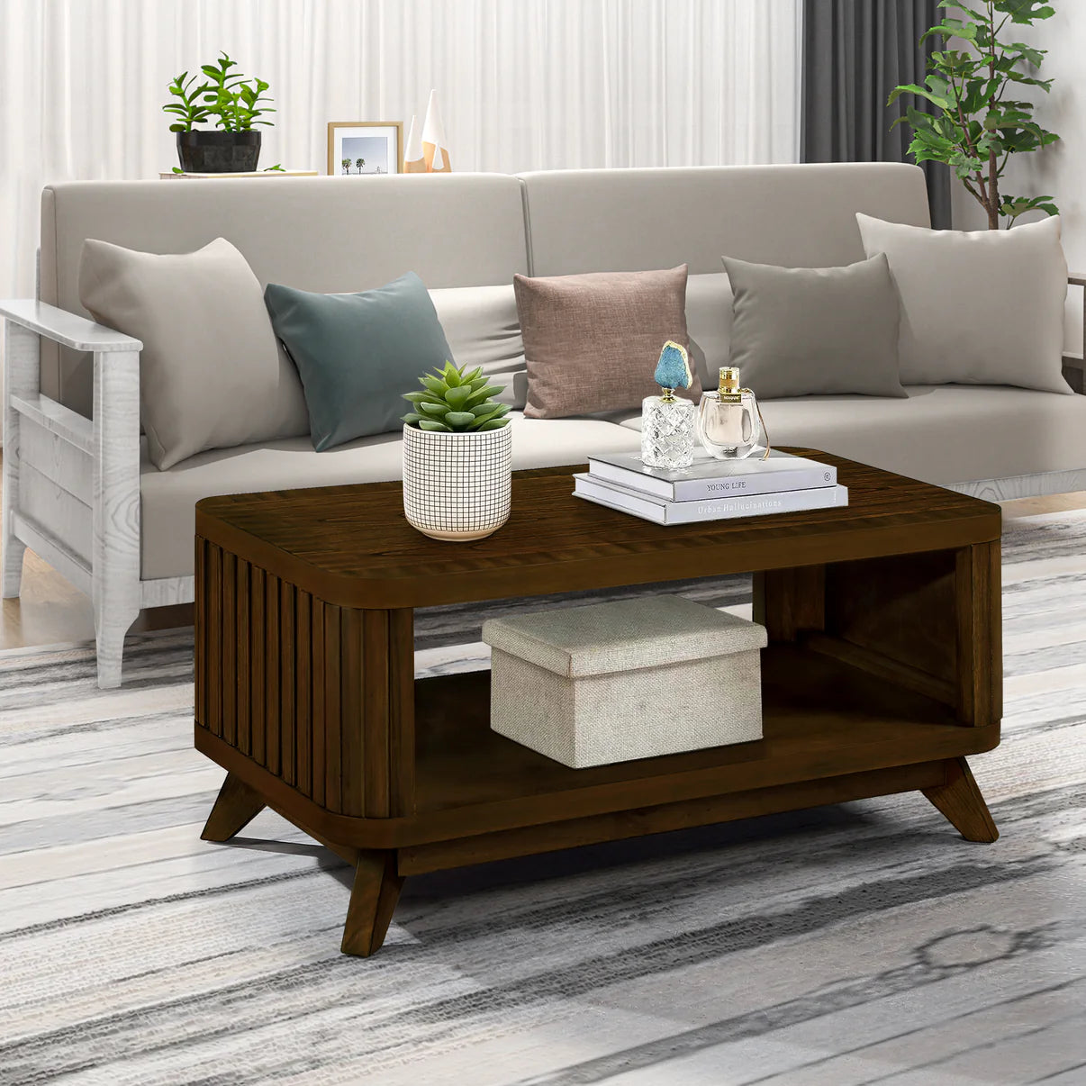 Walnut Rectangular Wooden Coffee Table with Storage