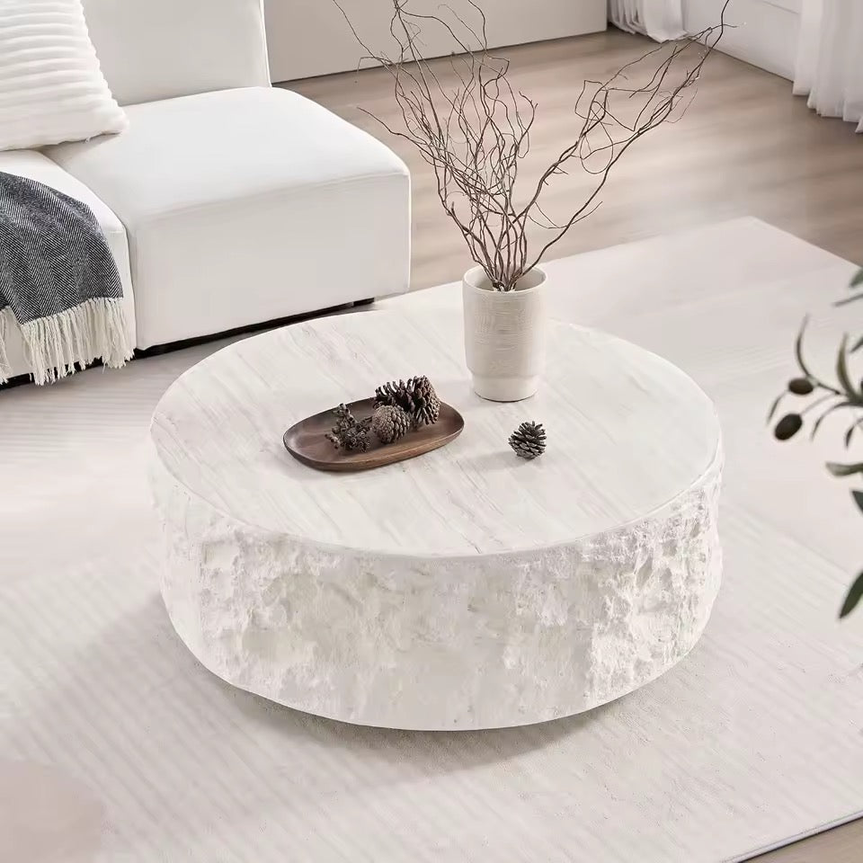 Round Cement Stone Drum Coffee Table, Fiberglass Faux Marble Finish