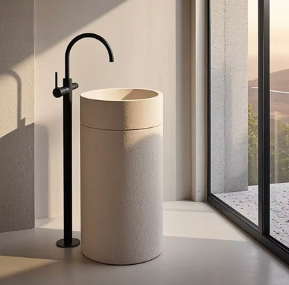 Beige Marble Pedestal Sink, Hand-carved Freestanding Basin