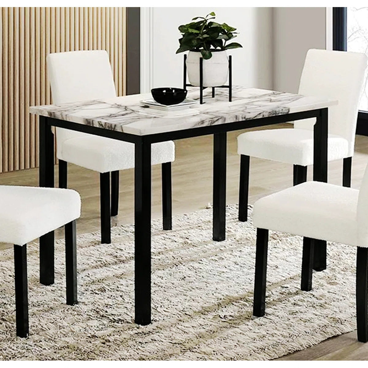 5 Piece White Faux Marble Dining Table Set