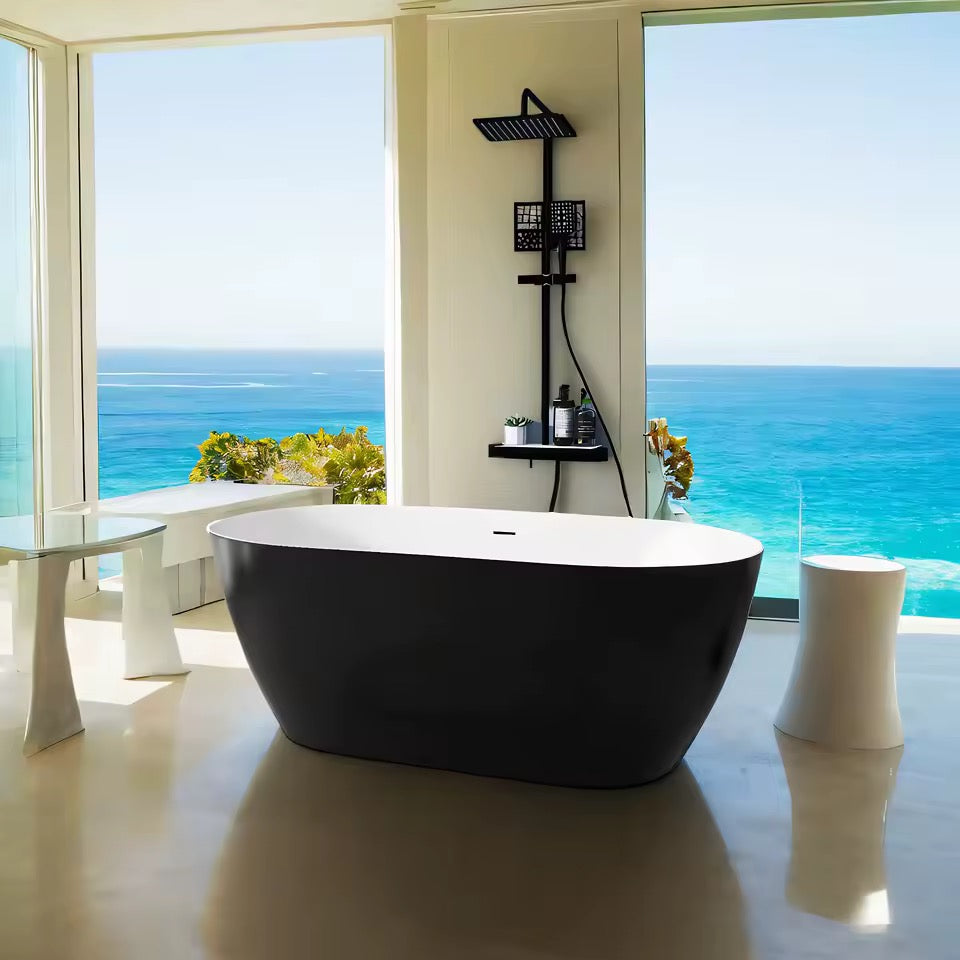 Black Freestanding Tub, Oval Bathtub with Integrated Slotted Overflow
