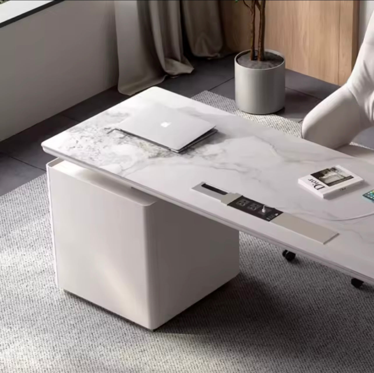 Contemporary Rock Slab Office Desk with USB and Storage, White