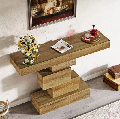 42.5” Narrow Wood Console Table with Geometric Base