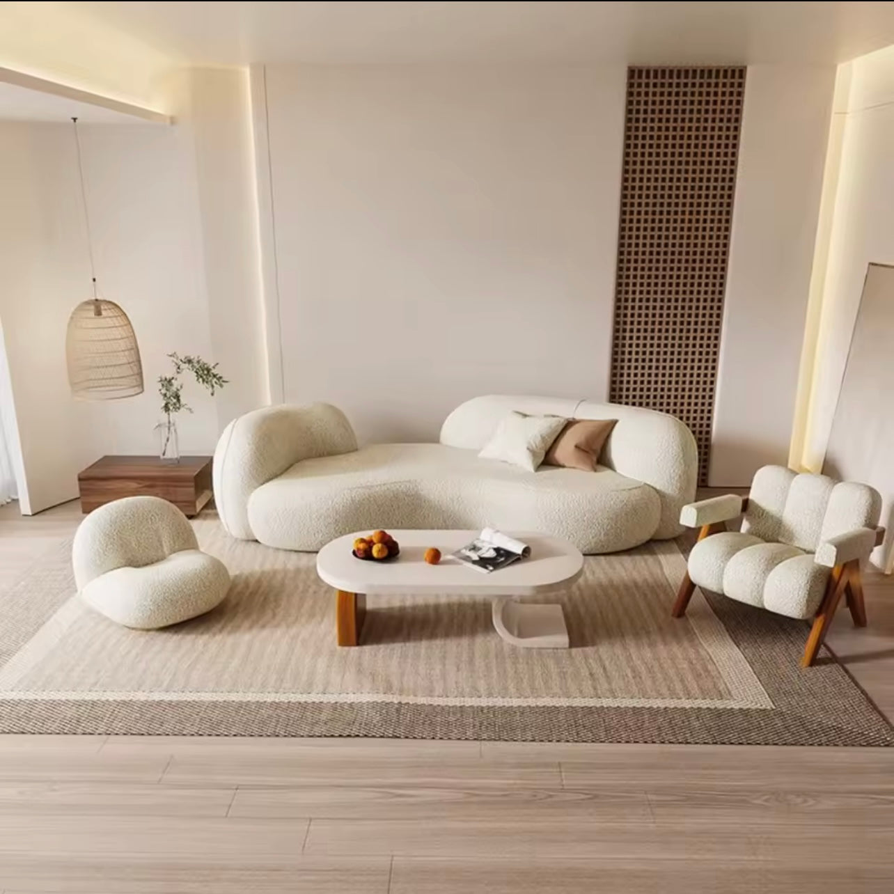 Berber Fleece Curved Sectional Sofa in Beige, Contemporary Corner Sofa