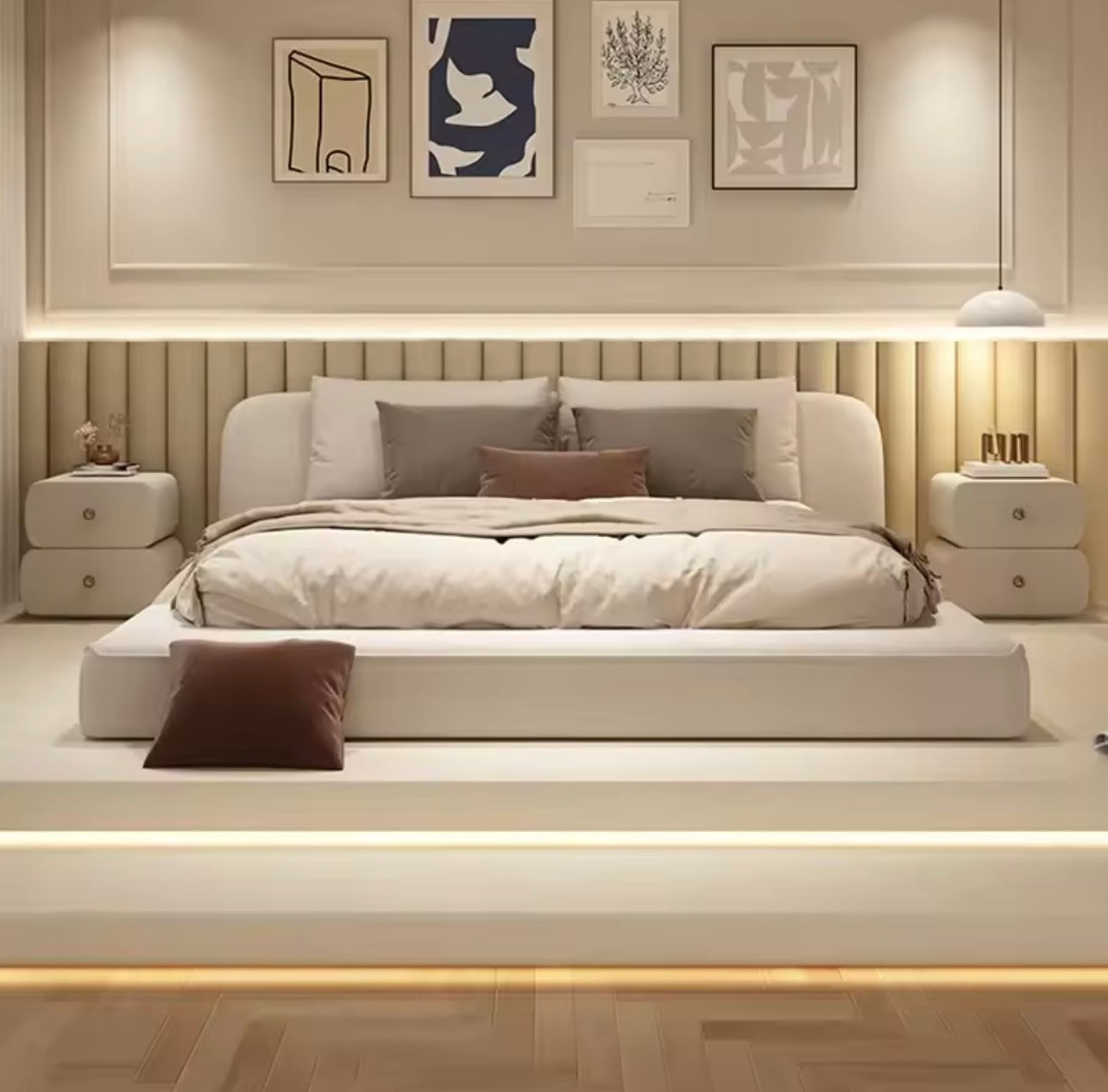 Cream Wabi-Sabi Minimalist Linen Double Bed with Solid Wood Frame