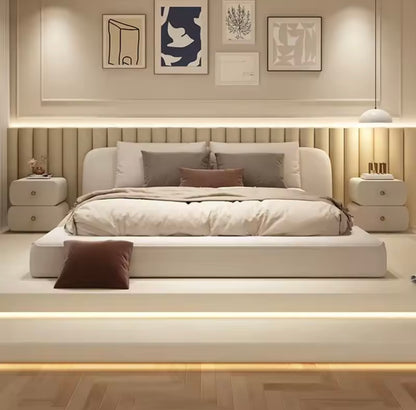 Cream Wabi-Sabi Minimalist Linen Double Bed with Solid Wood Frame