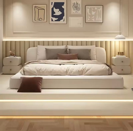 Cream Wabi-Sabi Minimalist Linen Double Bed with Solid Wood Frame