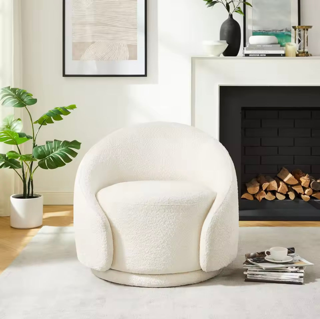 Modern White Boucle Fabric Accent Chair, Upholstered Swivel Armchair