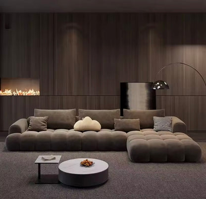 Brown Cloud Upholstered L-Shaped Sofa, Matte Suede Fabric