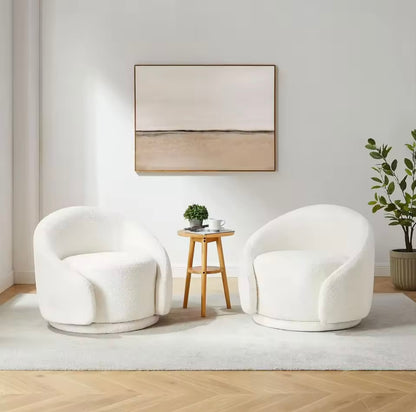 Modern White Boucle Fabric Accent Chair, Upholstered Swivel Armchair