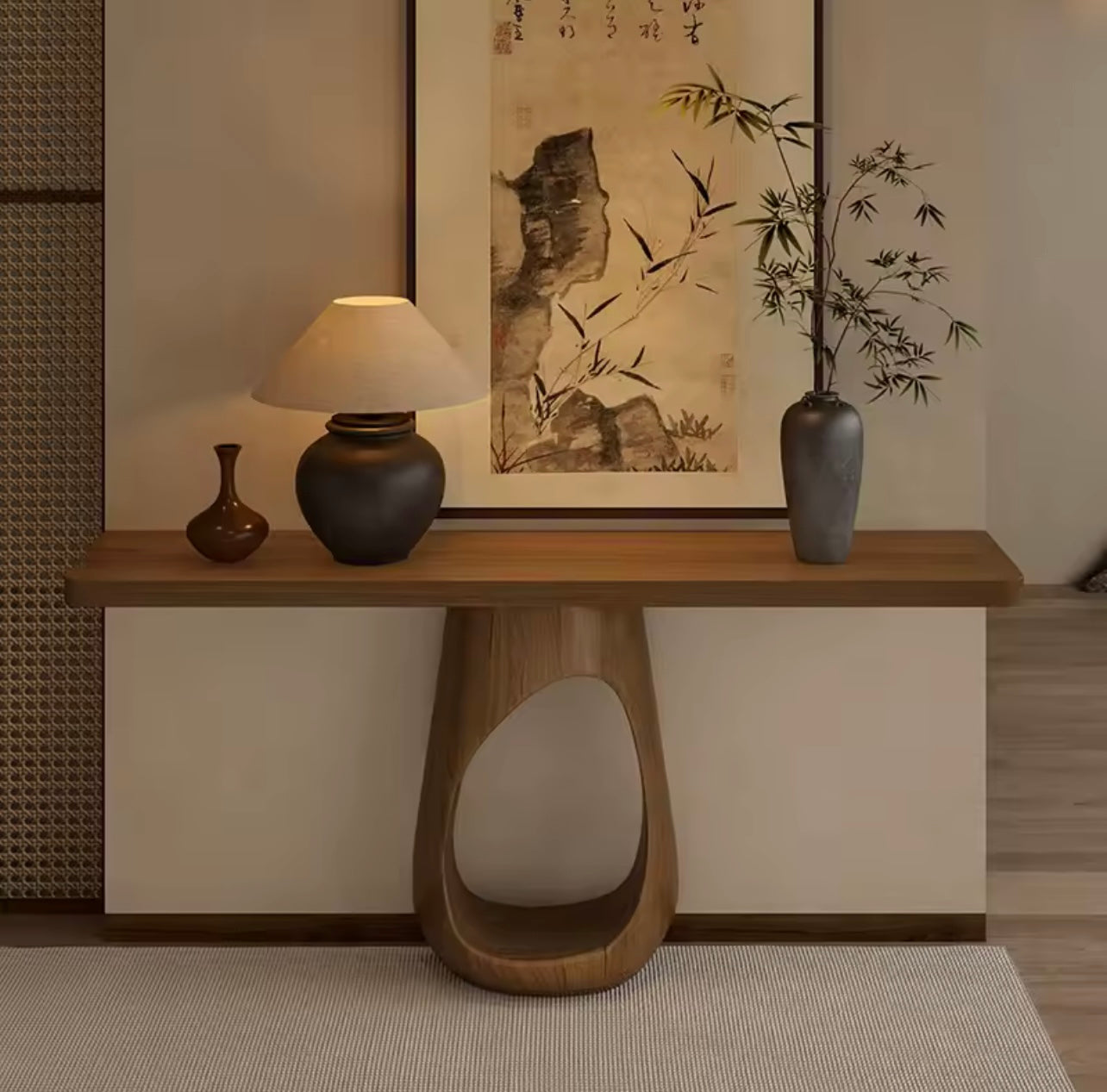 Retro Minimalist Solid Wood Console Table with Artistic Oval Base