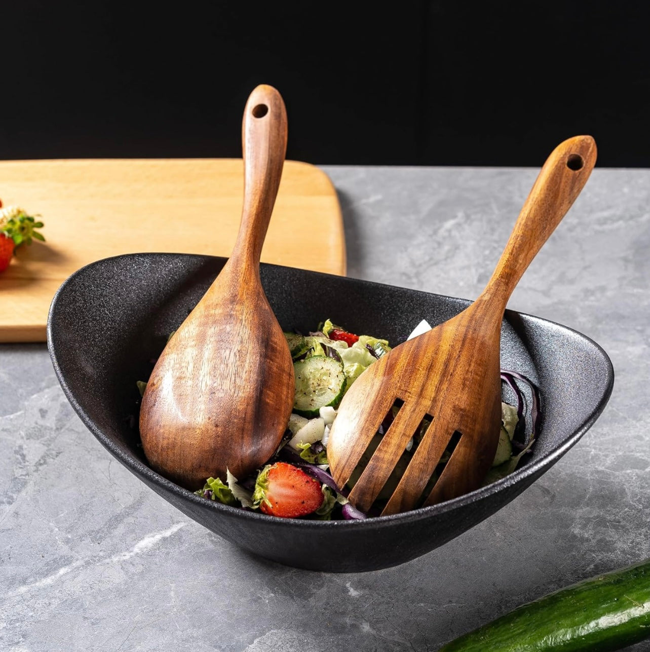 Black Oval Ceramic Salad Bowl Set