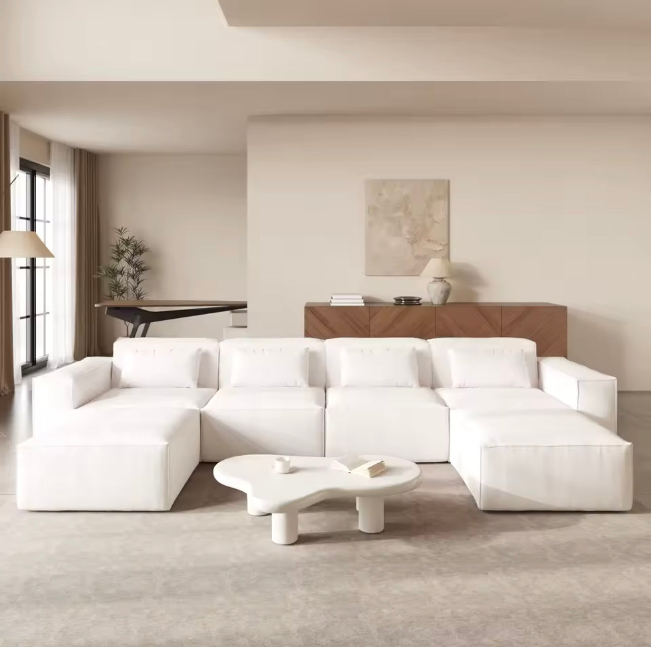 White Modular U-Shaped Sectional Sofa Couch with 2 Ottomans