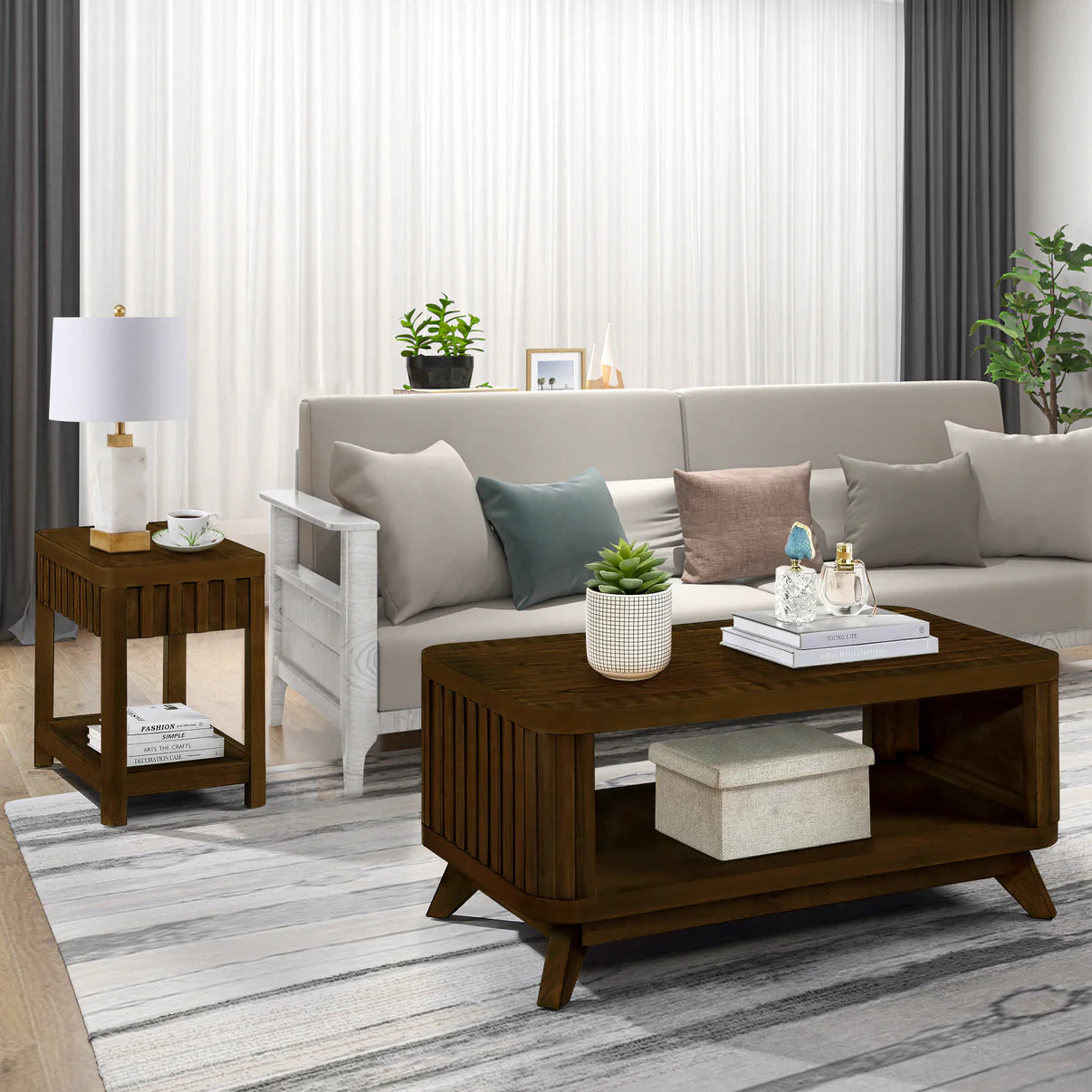 Walnut Rectangular Wooden Coffee Table with Storage