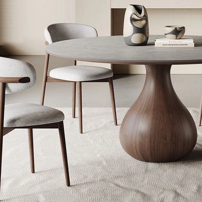 Round Sintered Stone Dining Table with Solid Wood Base