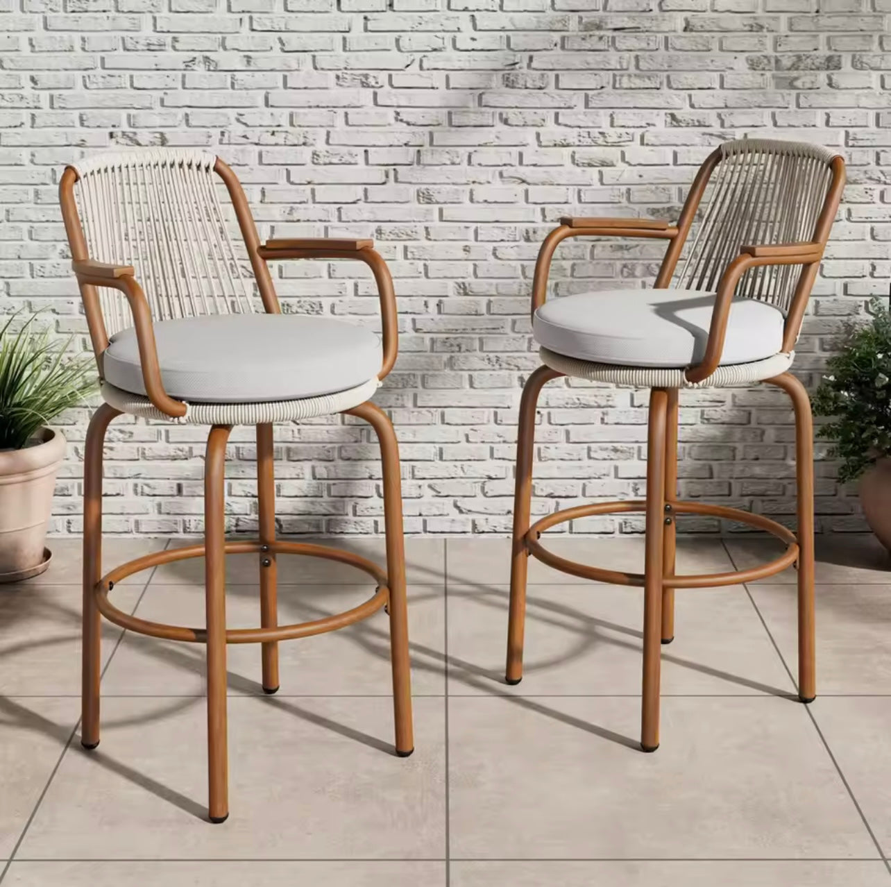 29” Rattan Outdoor Patio Bar Stools with Wood Grain Frame, Set of 2
