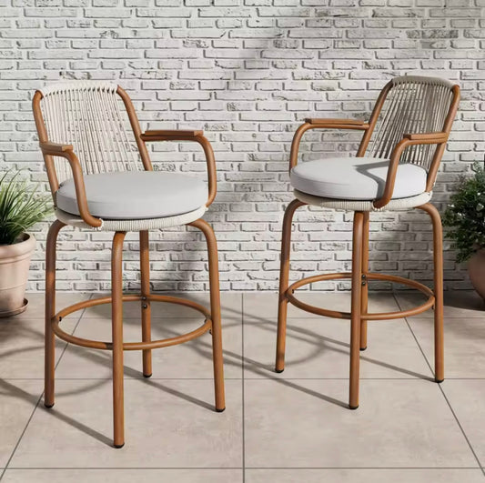 29” Rattan Outdoor Patio Bar Stools with Wood Grain Frame, Set of 2