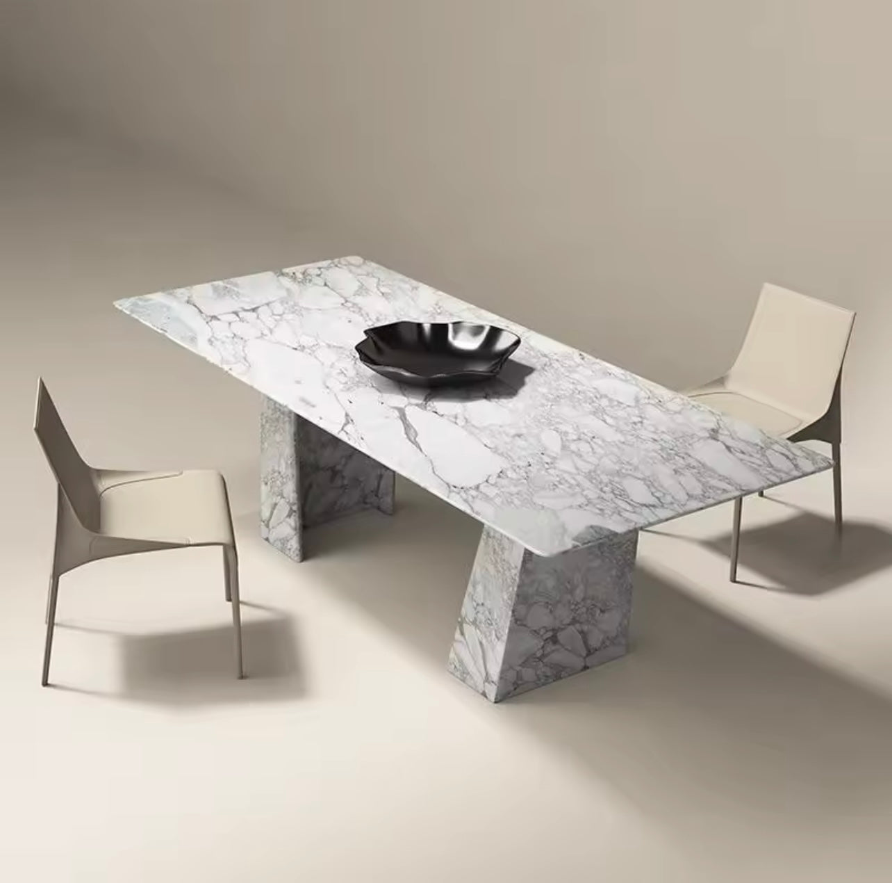 Italian Bulgari White Natural Marble Dining Table with Y-Shaped Base