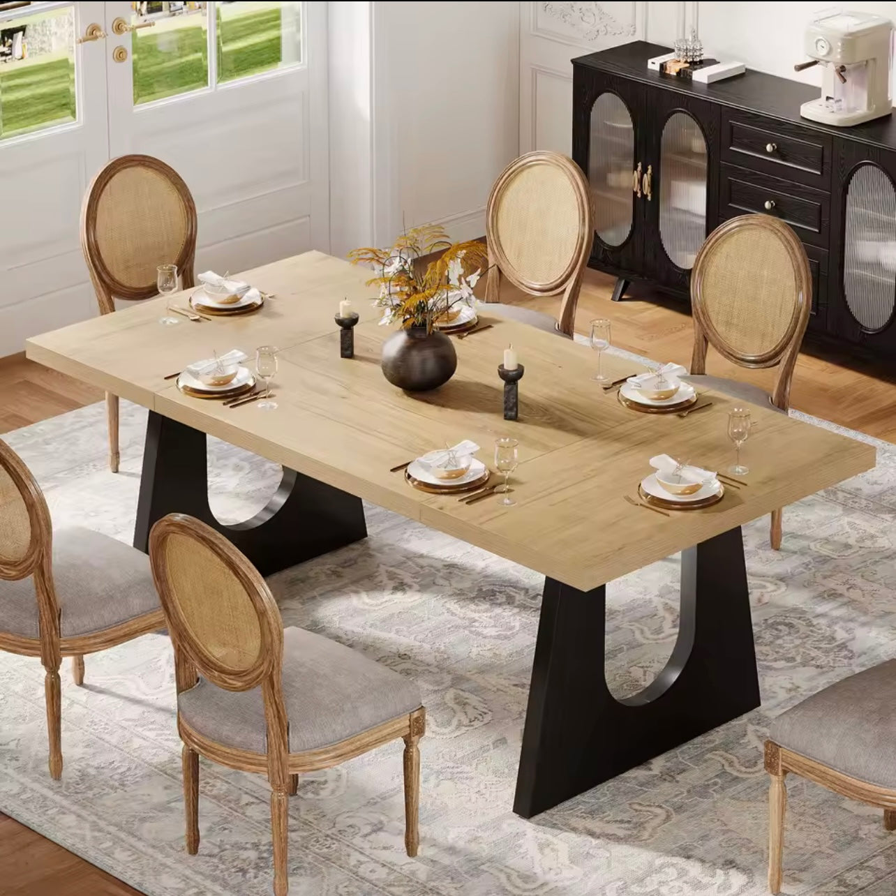 70.9” Oak and Black Large Modern Dining Table for 6-8 People