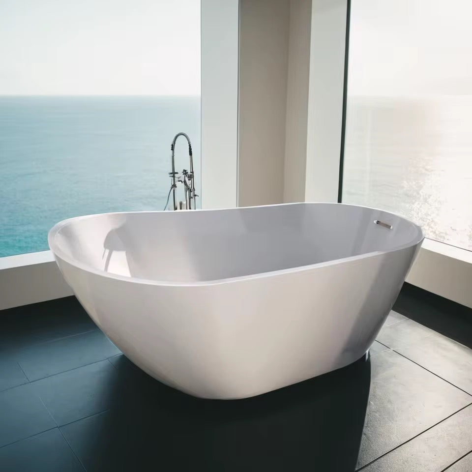 Modern White Freestanding Soaking Tub, 59” Glossy Acrylic Spa Bath