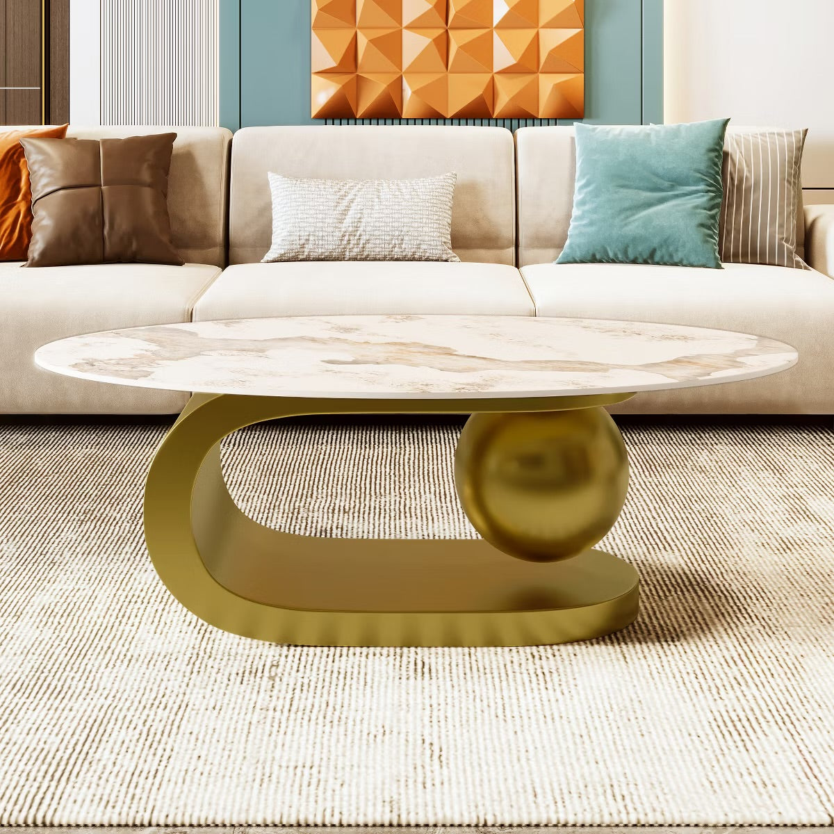 47.2" Marble Oval Coffee Table, Modern White and Gold Coffee Table