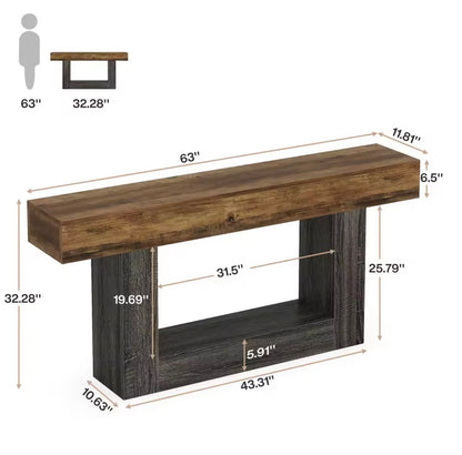 63” Farmhouse Console Table with U-Shaped Base and Lower Shelf