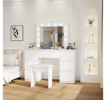 White Vanity Table - Vanity Mirror with Lights and Stool