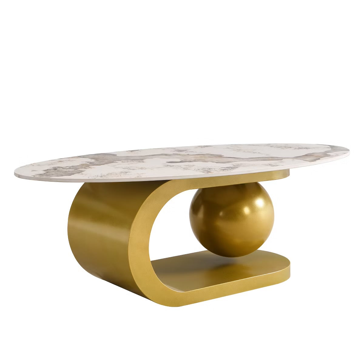47.2" Marble Oval Coffee Table, Modern White and Gold Coffee Table
