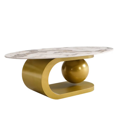 47.2" Marble Oval Coffee Table, Modern White and Gold Coffee Table