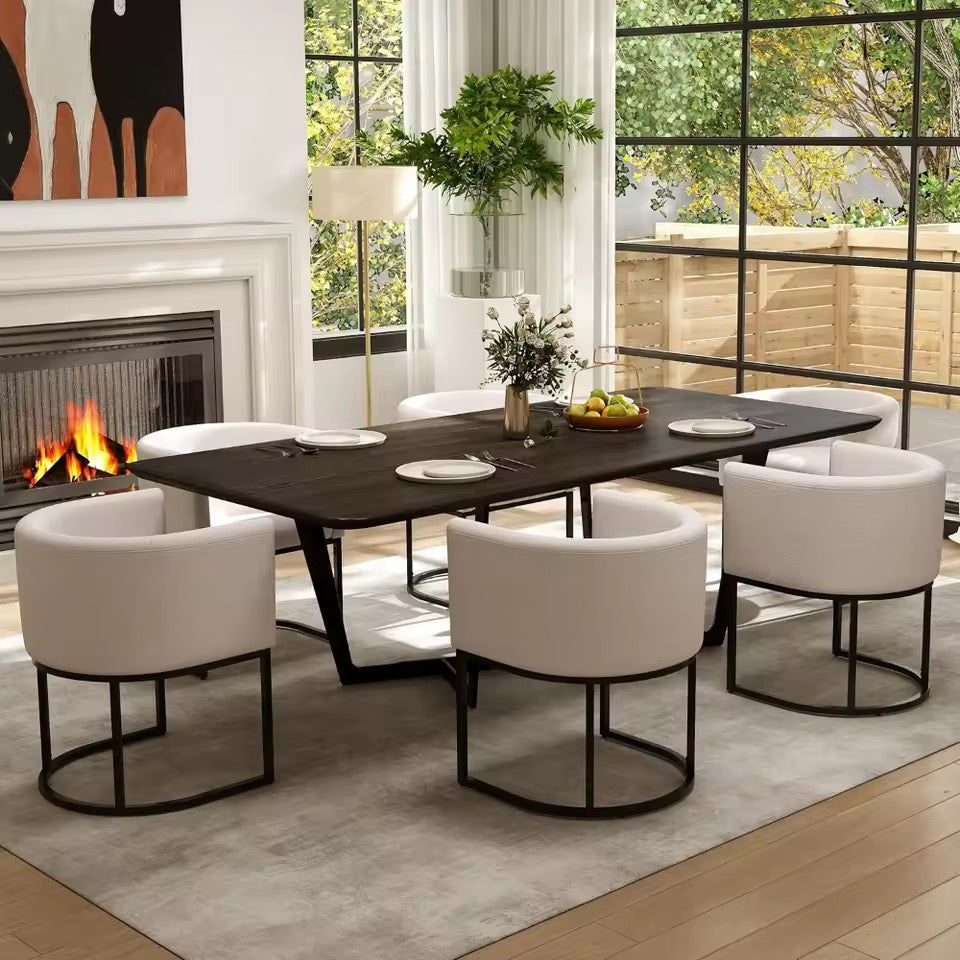 Set of 2 Linen Upholstered Barrel Dining Chairs, Beige and Black