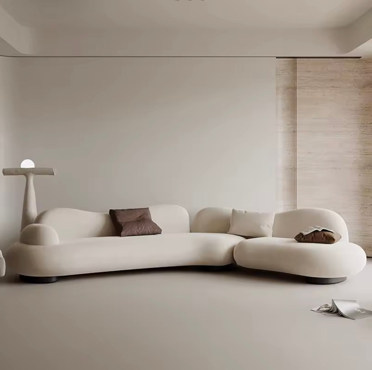 Classic Vintage Curved Sofa, Minimalist Beige Lounge Couch