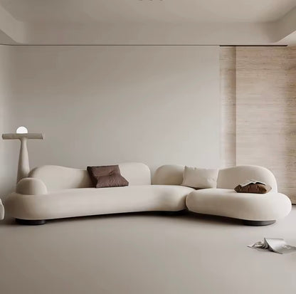 Classic Vintage Curved Sofa, Minimalist Beige Lounge Couch