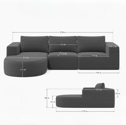 L-Shaped Corduroy Sectional Sofa with Movable Ottoman, Blue
